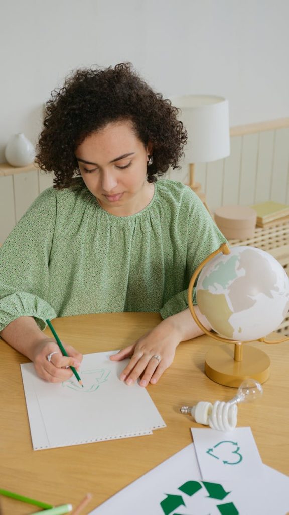 Woman drawing eco-friendly designs indoors, emphasizing sustainability and environmental awareness.