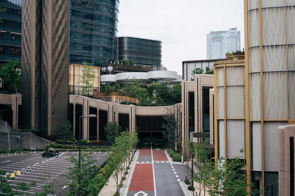 Contemporary urban architecture with greenery in Tokyo, featuring unique building designs.